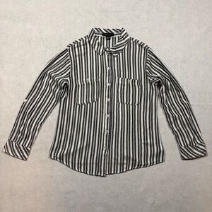 Sanctuary Tomboy Shirt Womens Large Striped Button Down Blouse Rayon Black White